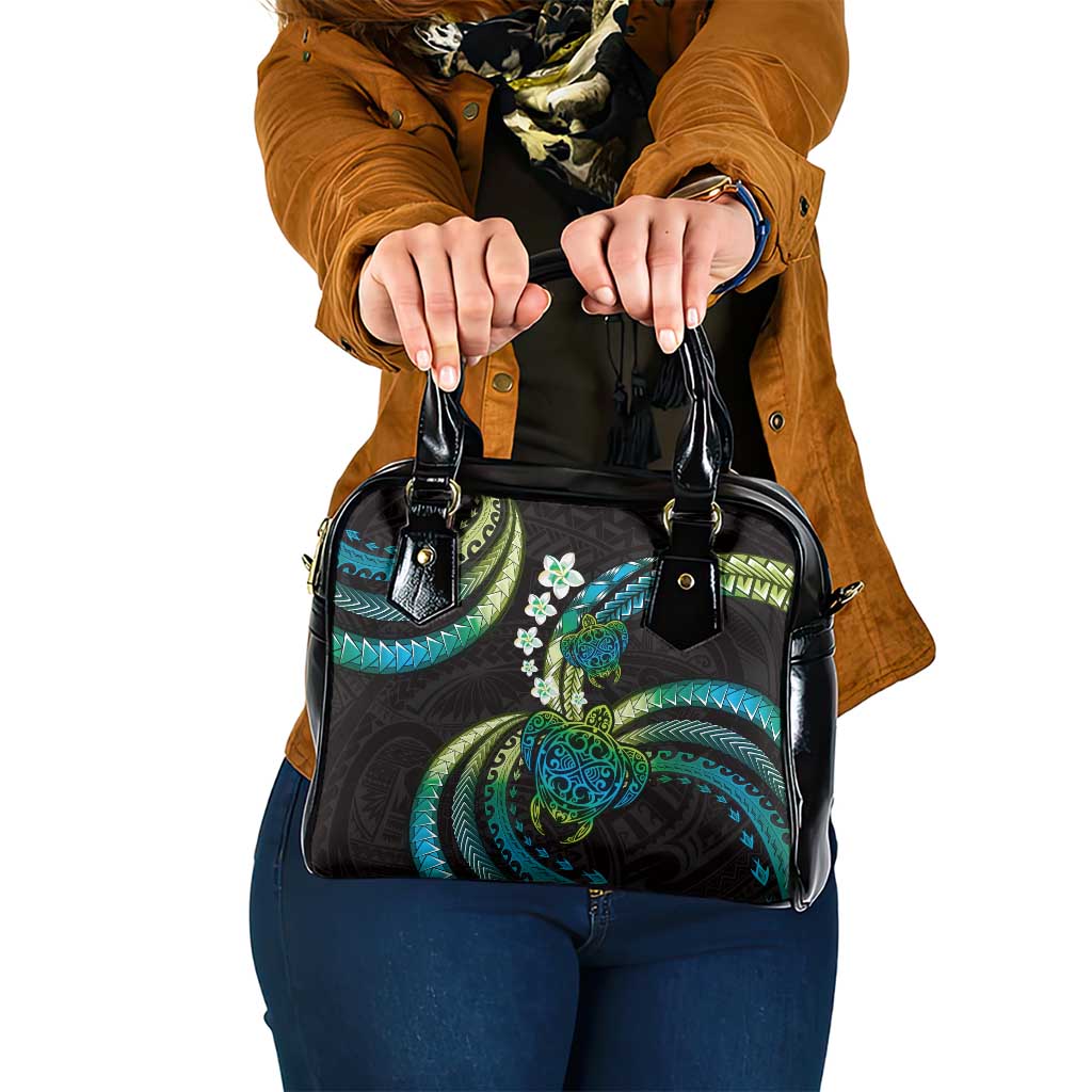Hawaii Turtles Plumeria Shoulder Handbag Chartreuse Cyan Polynesian Pattern