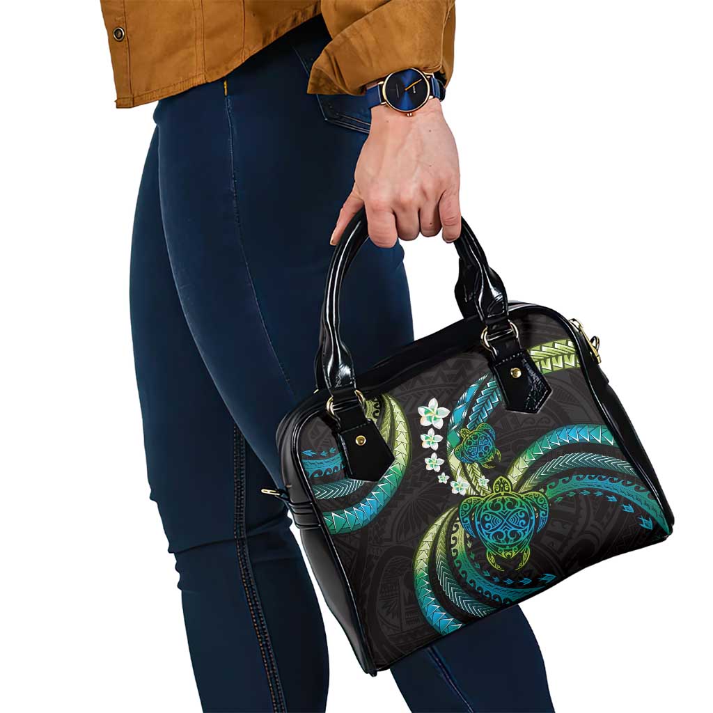 Hawaii Turtles Plumeria Shoulder Handbag Chartreuse Cyan Polynesian Pattern