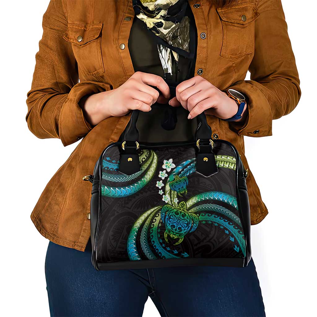 Hawaii Turtles Plumeria Shoulder Handbag Chartreuse Cyan Polynesian Pattern