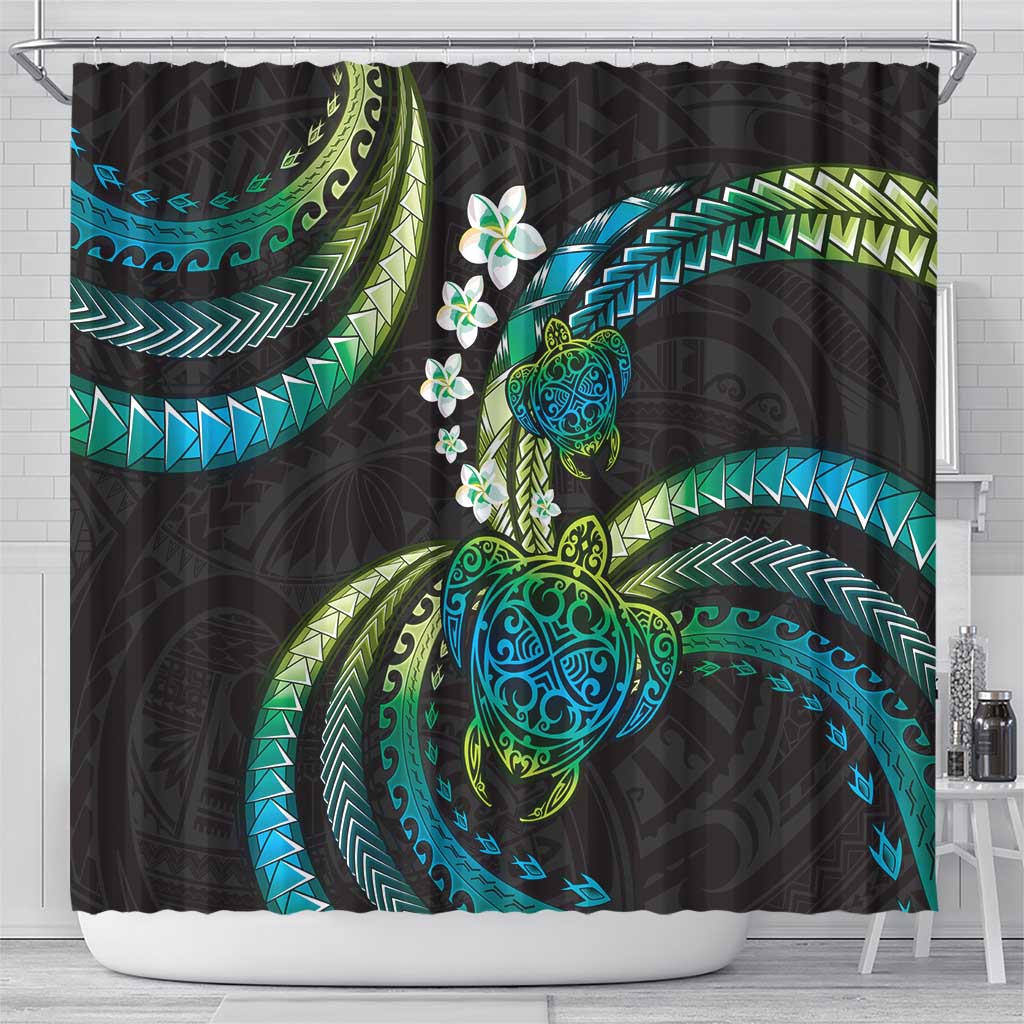 Hawaii Turtles Plumeria Shower Curtain Chartreuse Cyan Polynesian Pattern