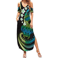 Hawaii Turtles Plumeria Summer Maxi Dress Chartreuse Cyan Polynesian Pattern LT01 Women Cyan - Polynesian Pride