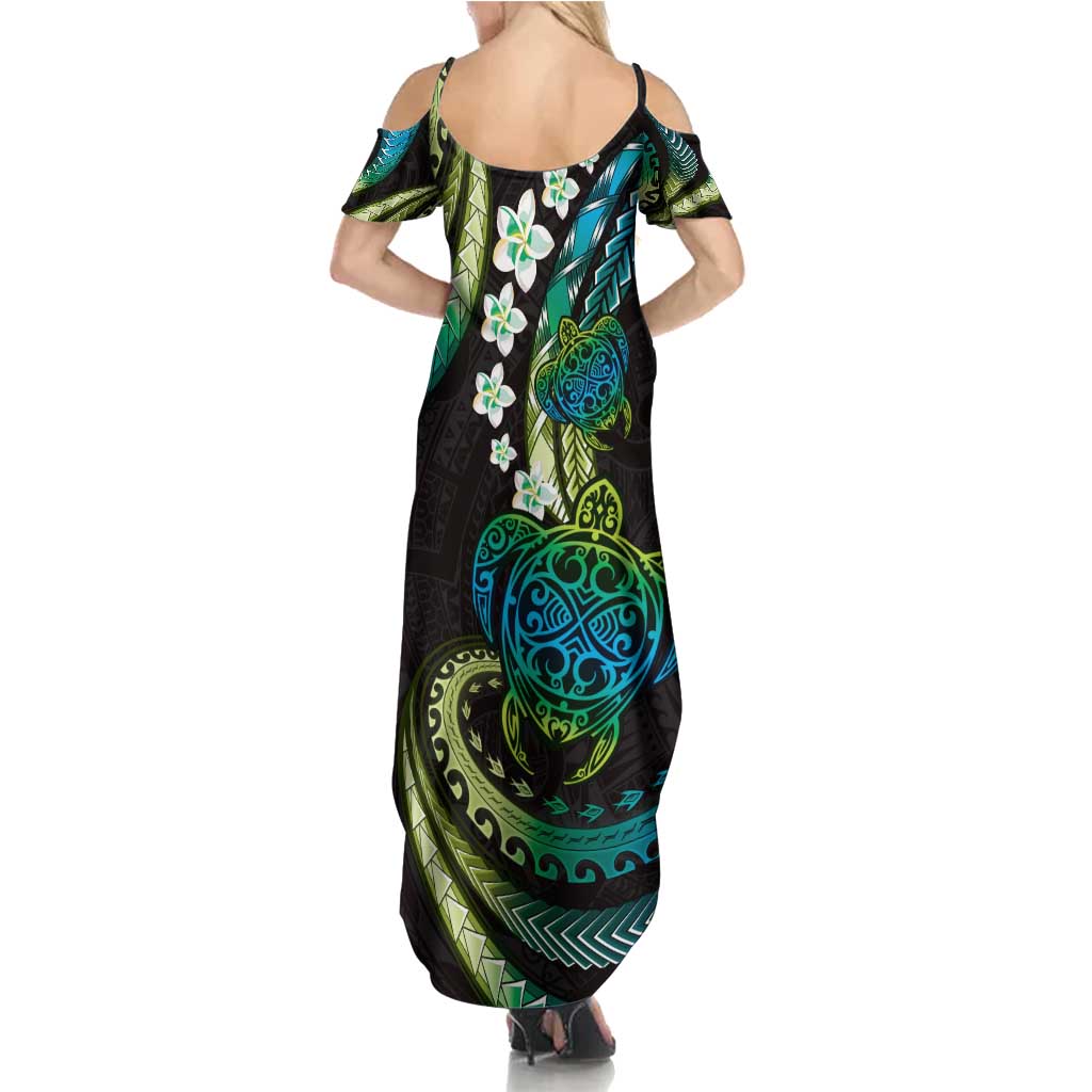 Hawaii Turtles Plumeria Summer Maxi Dress Chartreuse Cyan Polynesian Pattern LT01 - Polynesian Pride