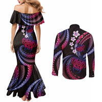 Hawaii Turtles Plumeria Couples Matching Mermaid Dress and Long Sleeve Button Shirt Sweet Gradient Polynesian Pattern