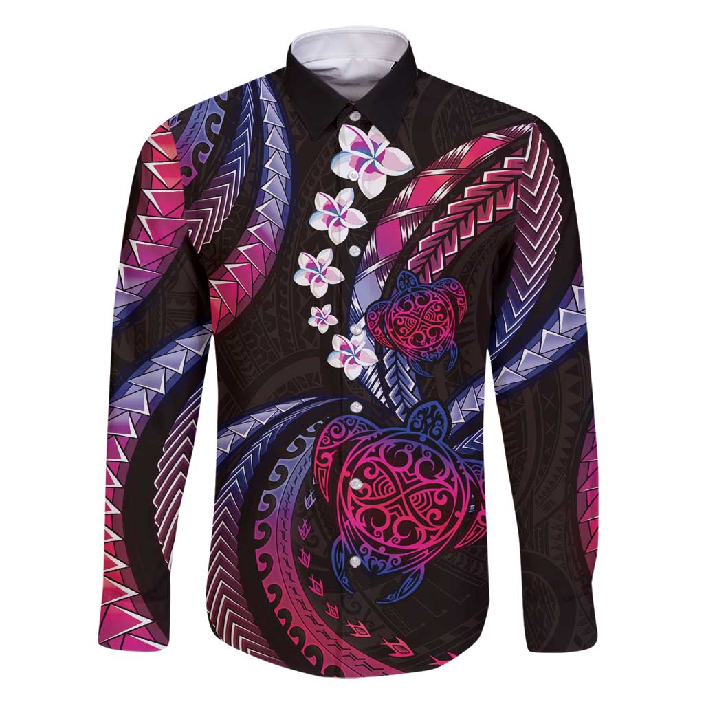Hawaii Turtles Plumeria Family Matching Mermaid Dress and Hawaiian Shirt Sweet Gradient Polynesian Pattern LT01 Dad's Shirt - Long Sleeve Pink - Polynesian Pride
