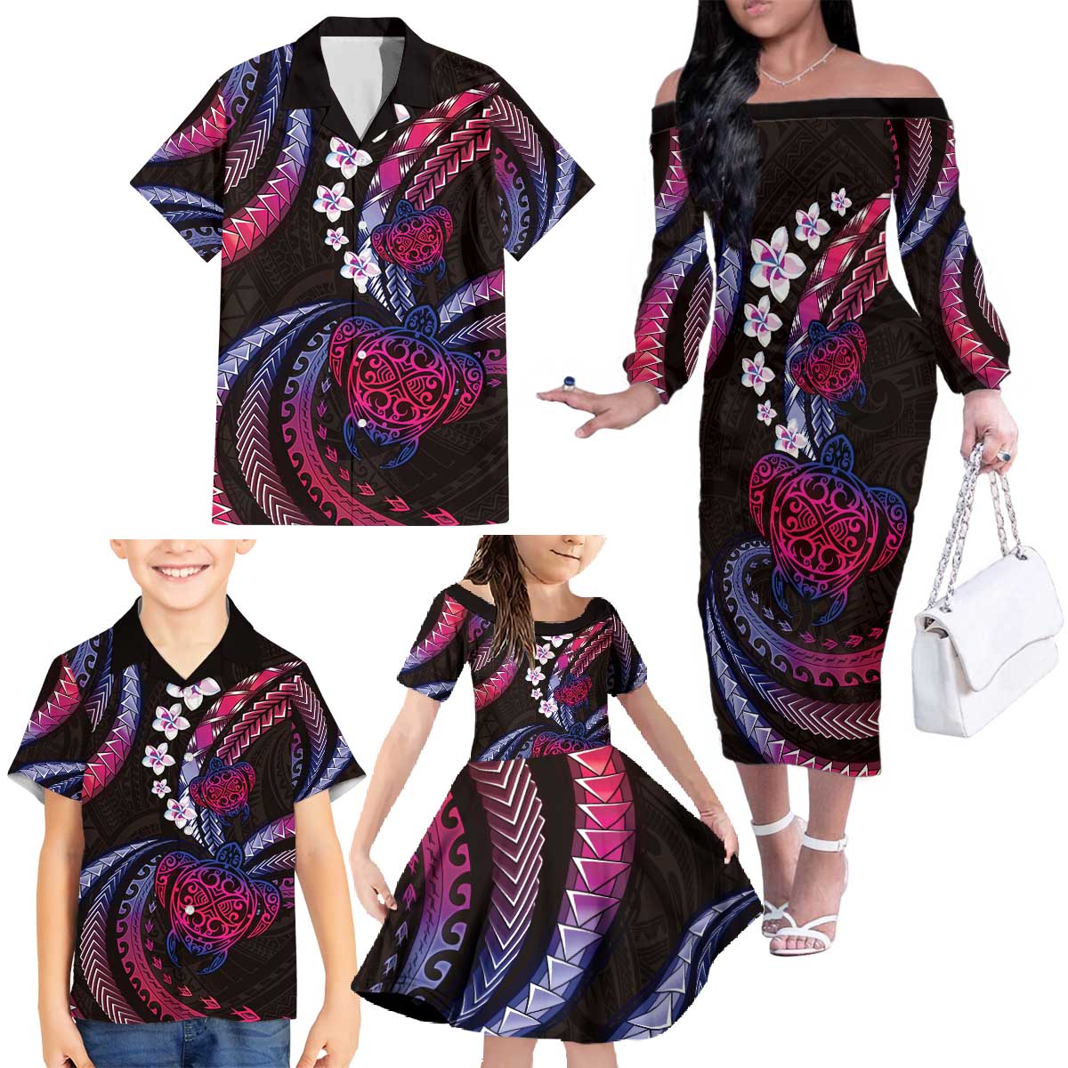 Hawaii Turtles Plumeria Family Matching Off The Shoulder Long Sleeve Dress and Hawaiian Shirt Sweet Gradient Polynesian Pattern