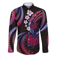 Hawaii Turtles Plumeria Family Matching Off Shoulder Maxi Dress and Hawaiian Shirt Sweet Gradient Polynesian Pattern LT01 Dad's Shirt - Long Sleeve Pink - Polynesian Pride