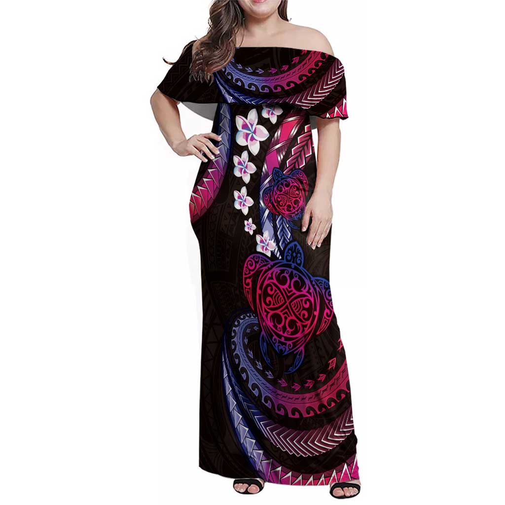 Hawaii Turtles Plumeria Family Matching Off Shoulder Maxi Dress and Hawaiian Shirt Sweet Gradient Polynesian Pattern LT01 Mom's Dress Pink - Polynesian Pride