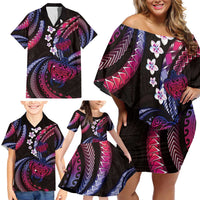 Hawaii Turtles Plumeria Family Matching Off Shoulder Short Dress and Hawaiian Shirt Sweet Gradient Polynesian Pattern