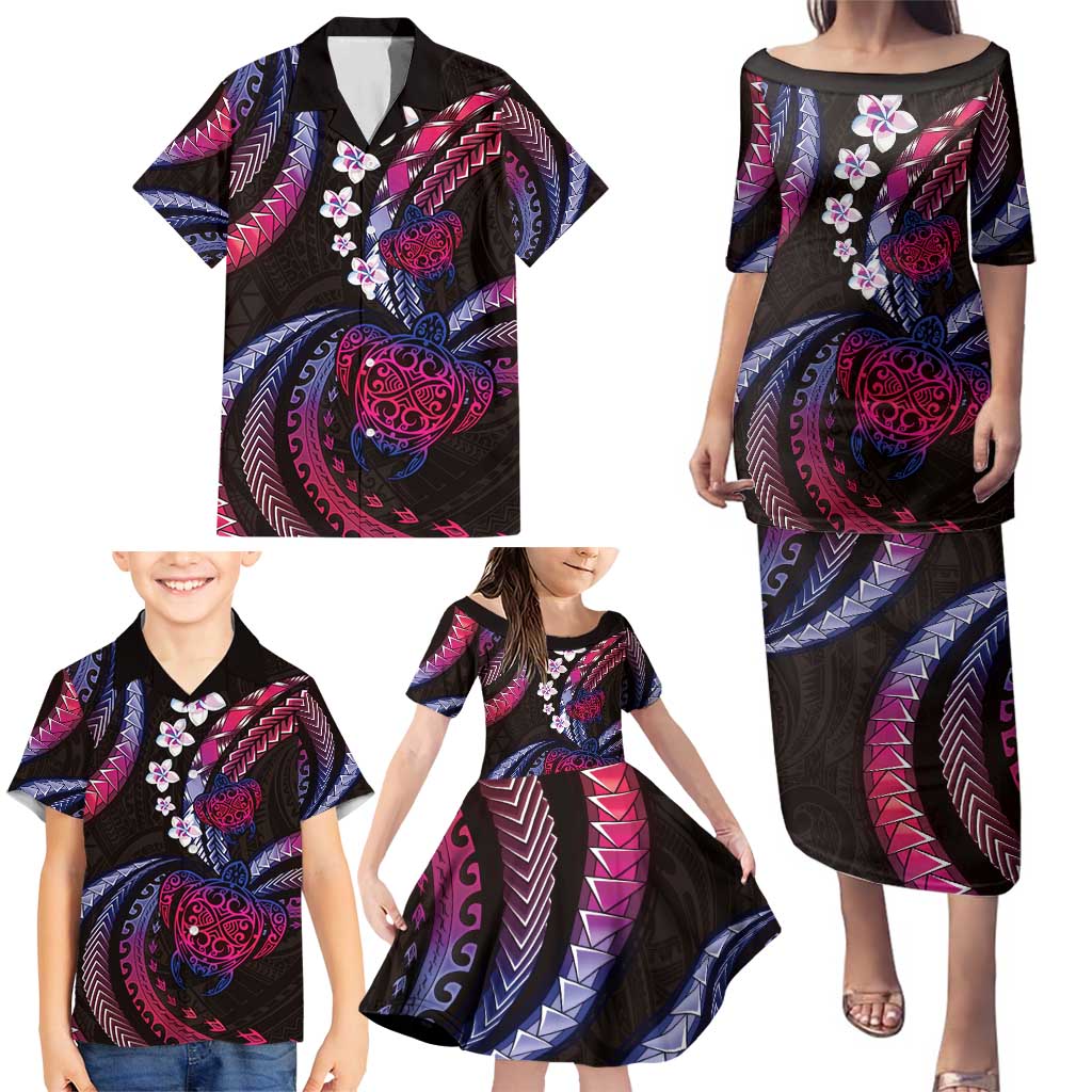Hawaii Turtles Plumeria Family Matching Puletasi and Hawaiian Shirt Sweet Gradient Polynesian Pattern