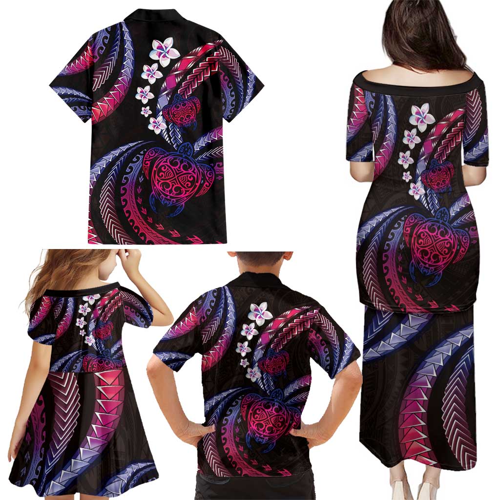 Hawaii Turtles Plumeria Family Matching Puletasi and Hawaiian Shirt Sweet Gradient Polynesian Pattern
