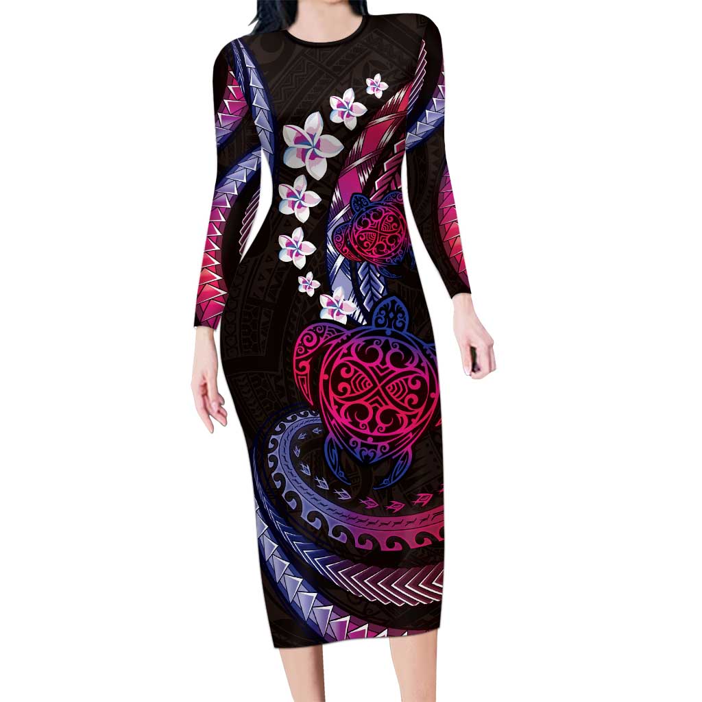 Hawaii Turtles Plumeria Long Sleeve Bodycon Dress Sweet Gradient Polynesian Pattern LT01 Long Dress Pink - Polynesian Pride