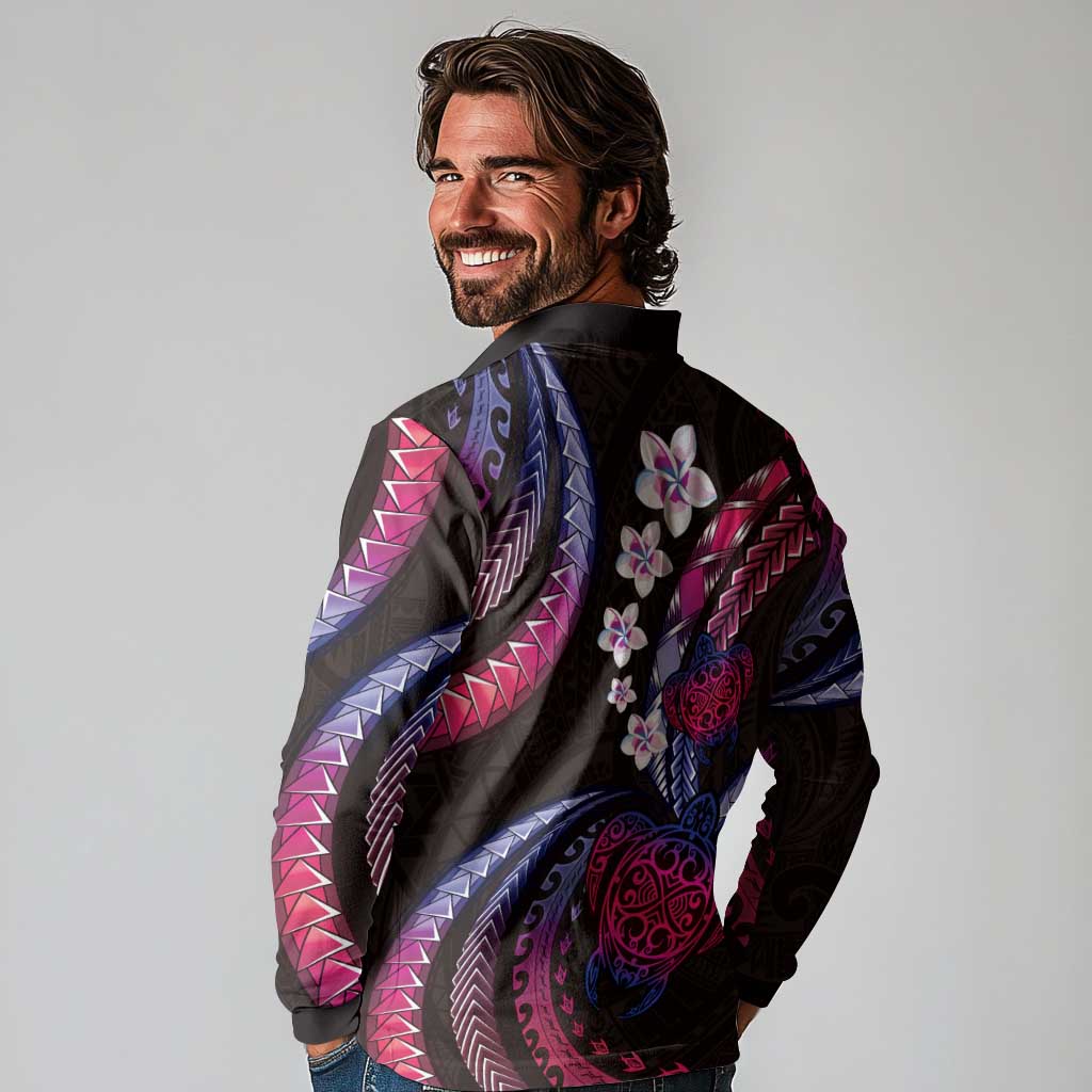 Hawaii Turtles Plumeria Long Sleeve Polo Shirt Sweet Gradient Polynesian Pattern