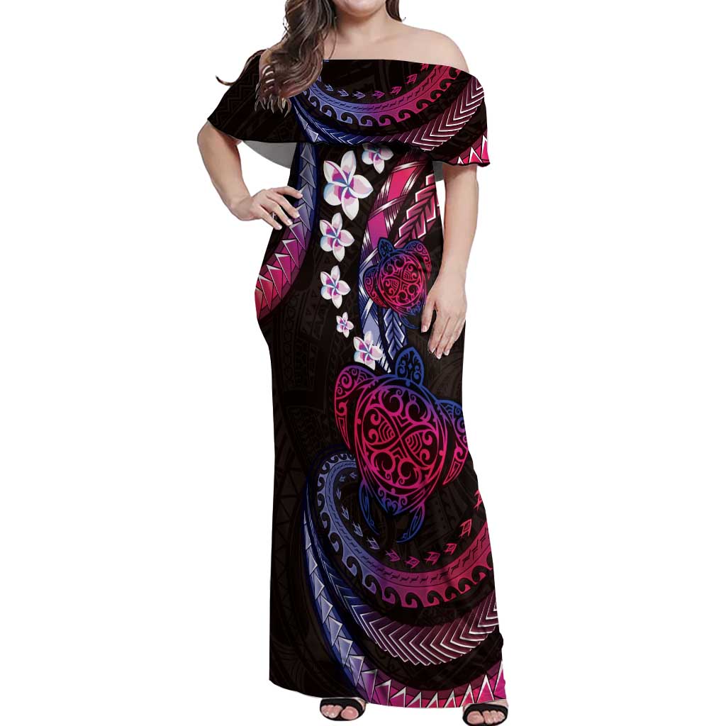 Hawaii Turtles Plumeria Off Shoulder Maxi Dress Sweet Gradient Polynesian Pattern