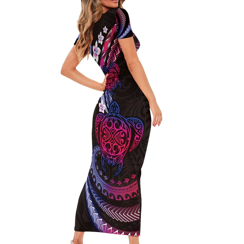 Hawaii Turtles Plumeria Short Sleeve Bodycon Dress Sweet Gradient Polynesian Pattern