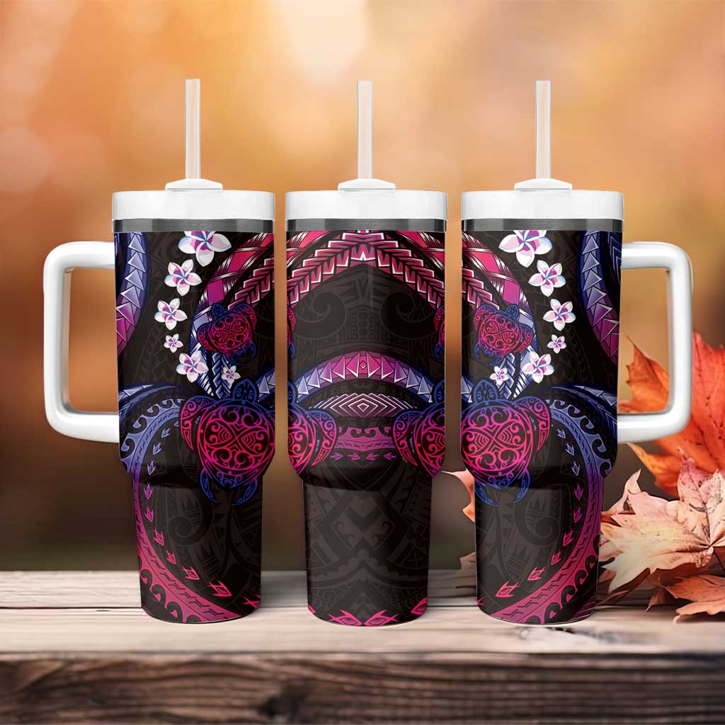 Hawaii Turtles Plumeria Tumbler With Handle Sweet Gradient Polynesian Pattern