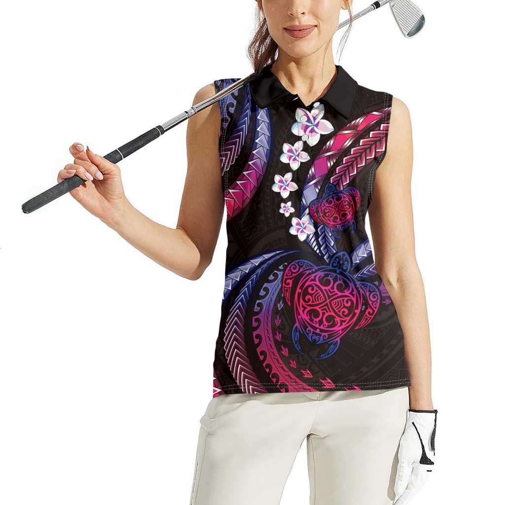 Hawaii Turtles Plumeria Women Sleeveless Polo Shirt Sweet Gradient Polynesian Pattern