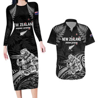 Custom New Zealand 2024 Rugby Couples Matching Long Sleeve Bodycon Dress and Hawaiian Shirt Silver Fern Aotearoa Kiwi LT01 Black - Polynesian Pride