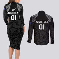 Custom New Zealand 2024 Rugby Couples Matching Long Sleeve Bodycon Dress and Long Sleeve Button Shirt Silver Fern Aotearoa Kiwi LT01 - Polynesian Pride