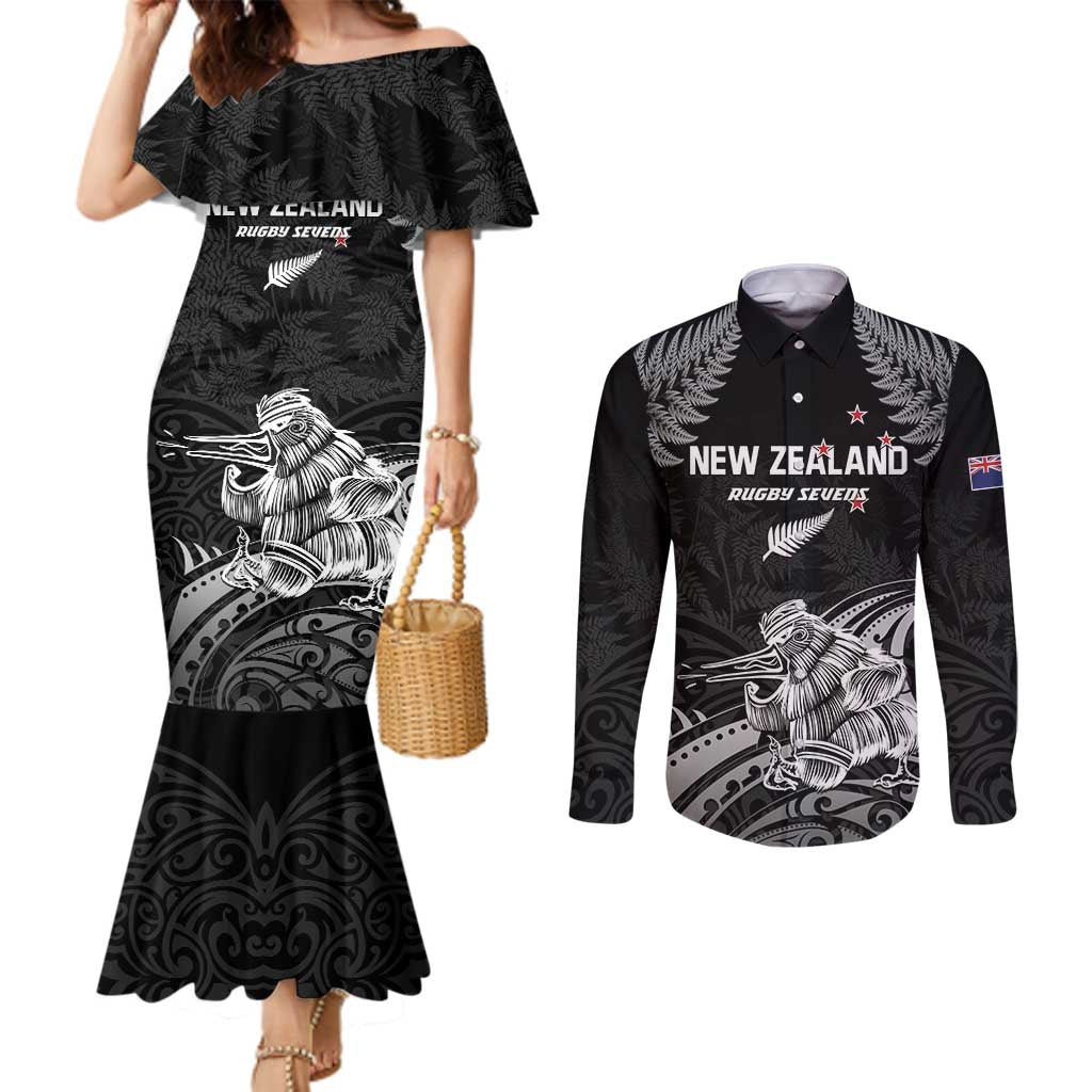 Custom New Zealand 2024 Rugby Couples Matching Mermaid Dress and Long Sleeve Button Shirt Silver Fern Aotearoa Kiwi LT01 Black - Polynesian Pride