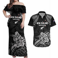 Custom New Zealand 2024 Rugby Couples Matching Off Shoulder Maxi Dress and Hawaiian Shirt Silver Fern Aotearoa Kiwi LT01 Black - Polynesian Pride