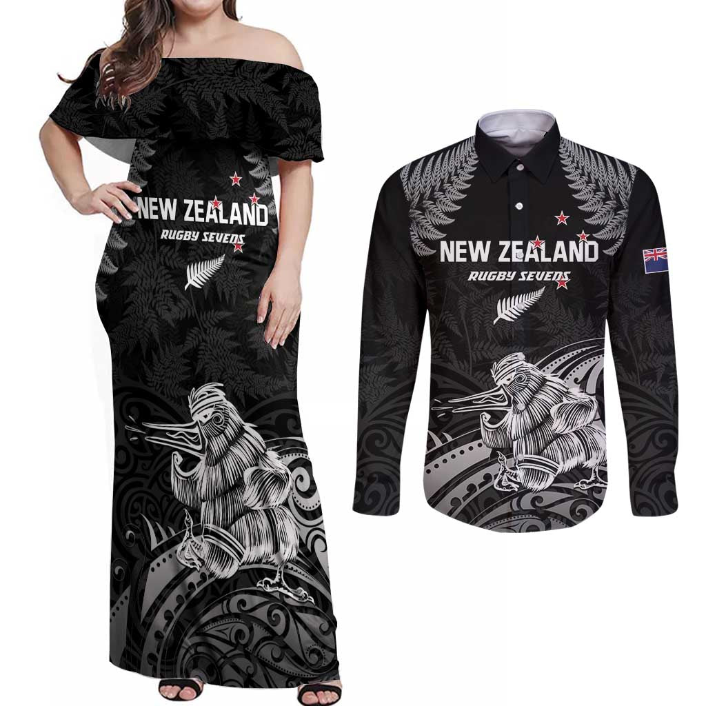Custom New Zealand 2024 Rugby Couples Matching Off Shoulder Maxi Dress and Long Sleeve Button Shirt Silver Fern Aotearoa Kiwi LT01 Black - Polynesian Pride