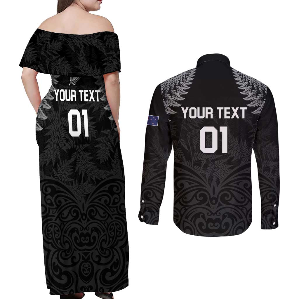 Custom New Zealand 2024 Rugby Couples Matching Off Shoulder Maxi Dress and Long Sleeve Button Shirt Silver Fern Aotearoa Kiwi LT01 - Polynesian Pride