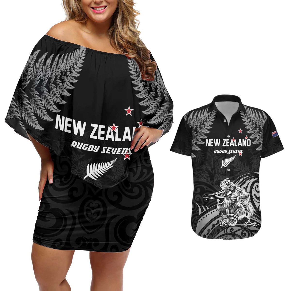 Custom New Zealand 2024 Rugby Couples Matching Off Shoulder Short Dress and Hawaiian Shirt Silver Fern Aotearoa Kiwi LT01 Black - Polynesian Pride