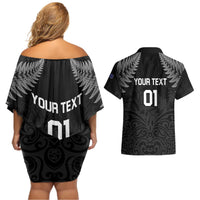 Custom New Zealand 2024 Rugby Couples Matching Off Shoulder Short Dress and Hawaiian Shirt Silver Fern Aotearoa Kiwi LT01 - Polynesian Pride