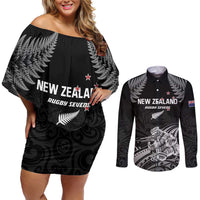 Custom New Zealand 2024 Rugby Couples Matching Off Shoulder Short Dress and Long Sleeve Button Shirt Silver Fern Aotearoa Kiwi LT01 Black - Polynesian Pride