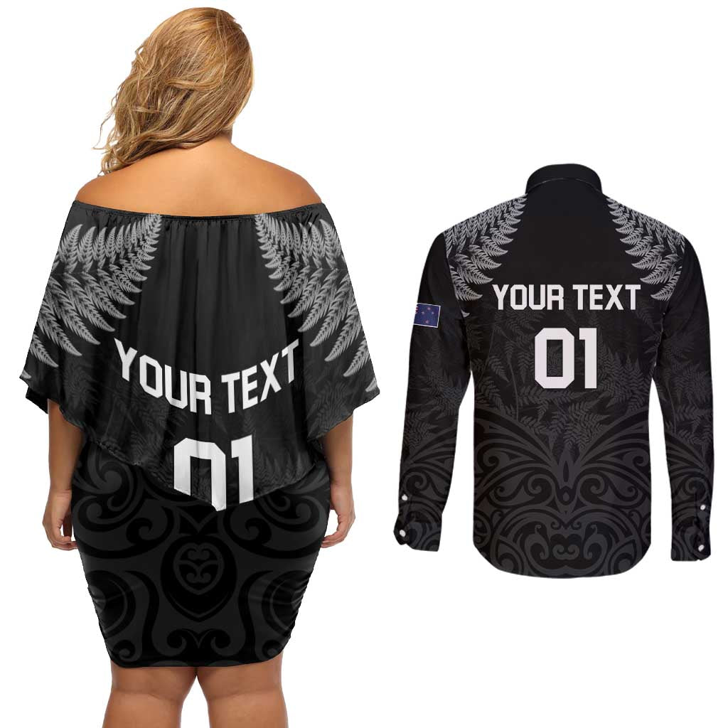 Custom New Zealand 2024 Rugby Couples Matching Off Shoulder Short Dress and Long Sleeve Button Shirt Silver Fern Aotearoa Kiwi LT01 - Polynesian Pride