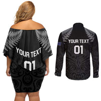Custom New Zealand 2024 Rugby Couples Matching Off Shoulder Short Dress and Long Sleeve Button Shirt Silver Fern Aotearoa Kiwi LT01 - Polynesian Pride