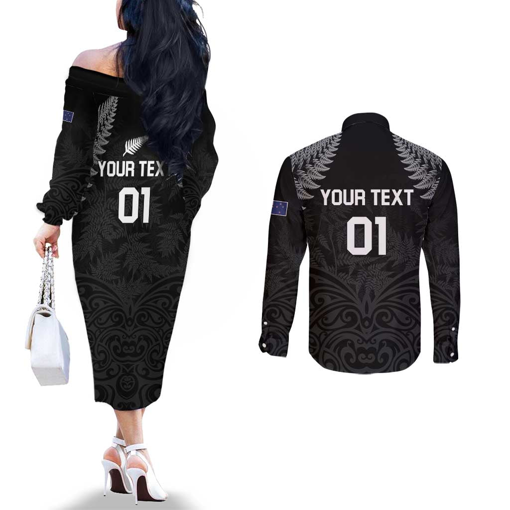 Custom New Zealand 2024 Rugby Couples Matching Off The Shoulder Long Sleeve Dress and Long Sleeve Button Shirt Silver Fern Aotearoa Kiwi LT01 - Polynesian Pride