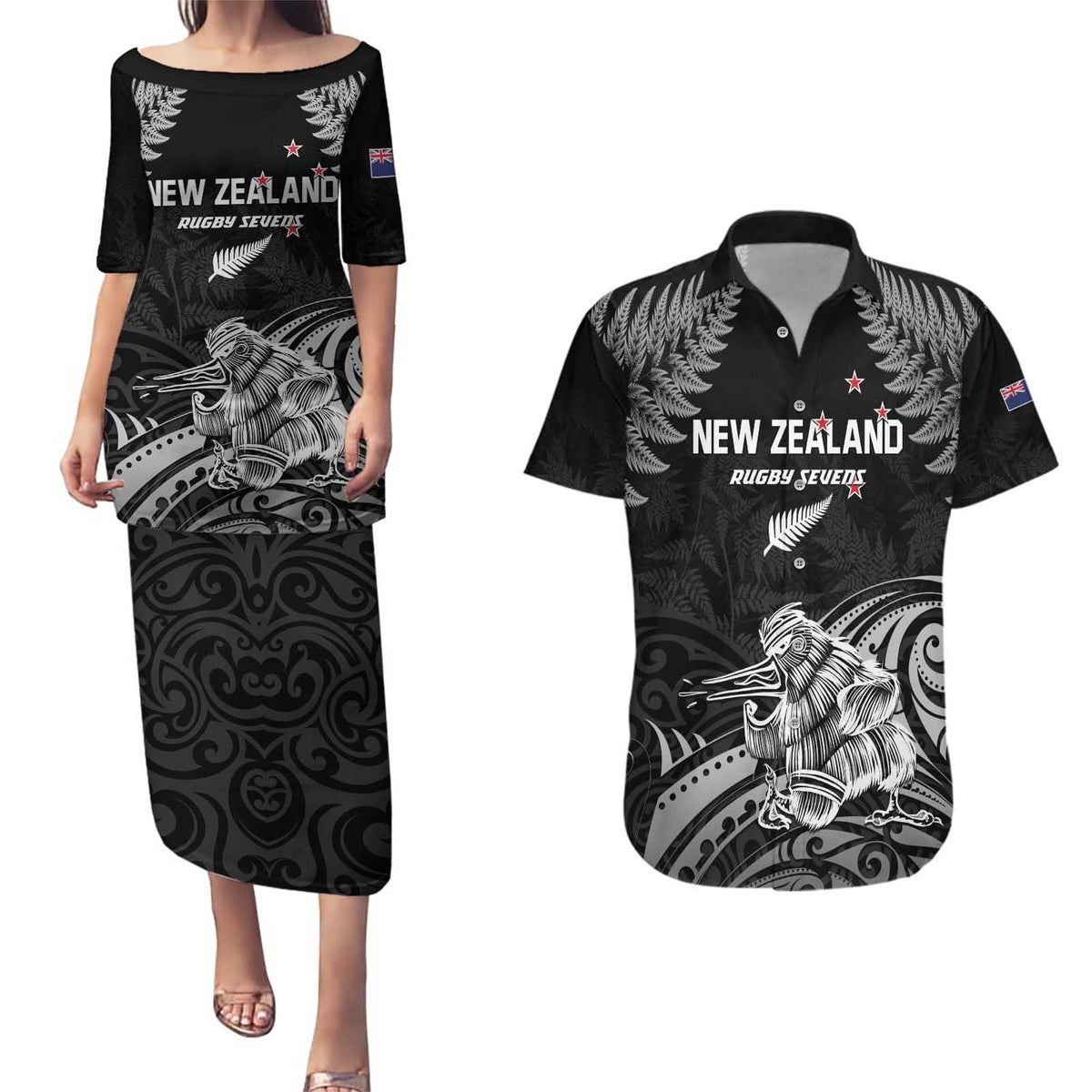 Custom New Zealand 2024 Rugby Couples Matching Puletasi and Hawaiian Shirt Silver Fern Aotearoa Kiwi LT01 Black - Polynesian Pride