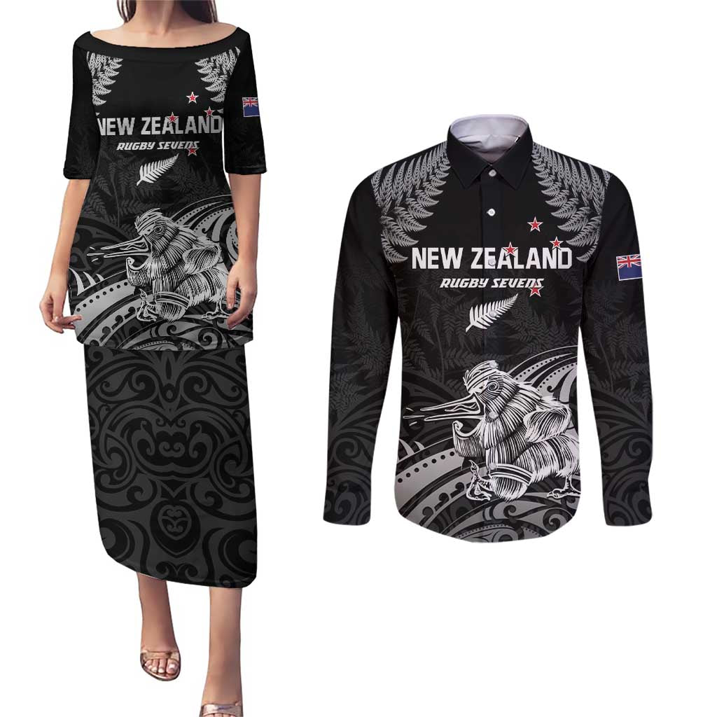 Custom New Zealand 2024 Rugby Couples Matching Puletasi and Long Sleeve Button Shirt Silver Fern Aotearoa Kiwi LT01 Black - Polynesian Pride