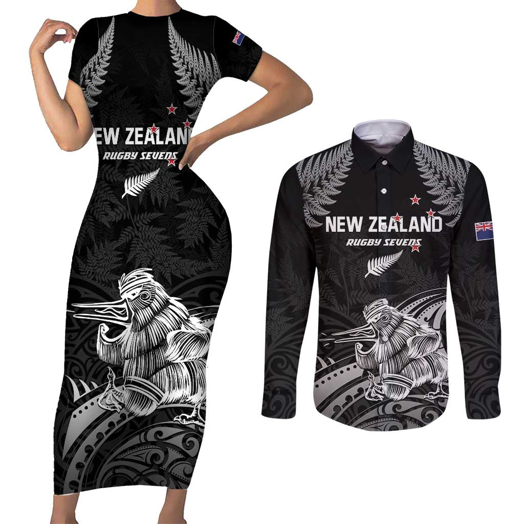 Custom New Zealand 2024 Rugby Couples Matching Short Sleeve Bodycon Dress and Long Sleeve Button Shirt Silver Fern Aotearoa Kiwi LT01 Black - Polynesian Pride