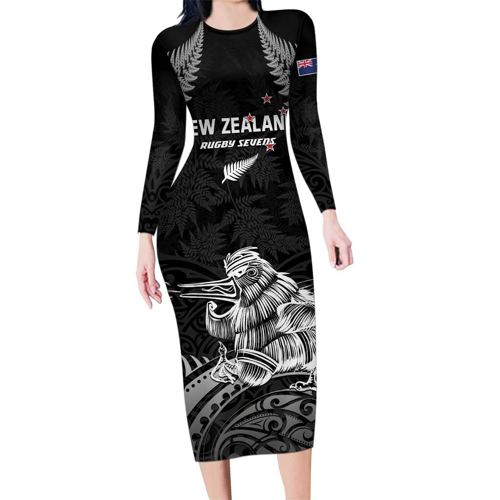 Custom New Zealand 2024 Rugby Family Matching Long Sleeve Bodycon Dress and Hawaiian Shirt Silver Fern Aotearoa Kiwi LT01 Mom's Dress Black - Polynesian Pride