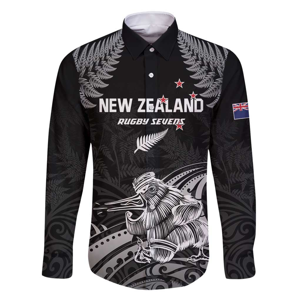 Custom New Zealand 2024 Rugby Family Matching Mermaid Dress and Hawaiian Shirt Silver Fern Aotearoa Kiwi LT01 Dad's Shirt - Long Sleeve Black - Polynesian Pride