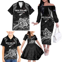 Custom New Zealand 2024 Rugby Family Matching Off The Shoulder Long Sleeve Dress and Hawaiian Shirt Silver Fern Aotearoa Kiwi LT01 - Polynesian Pride