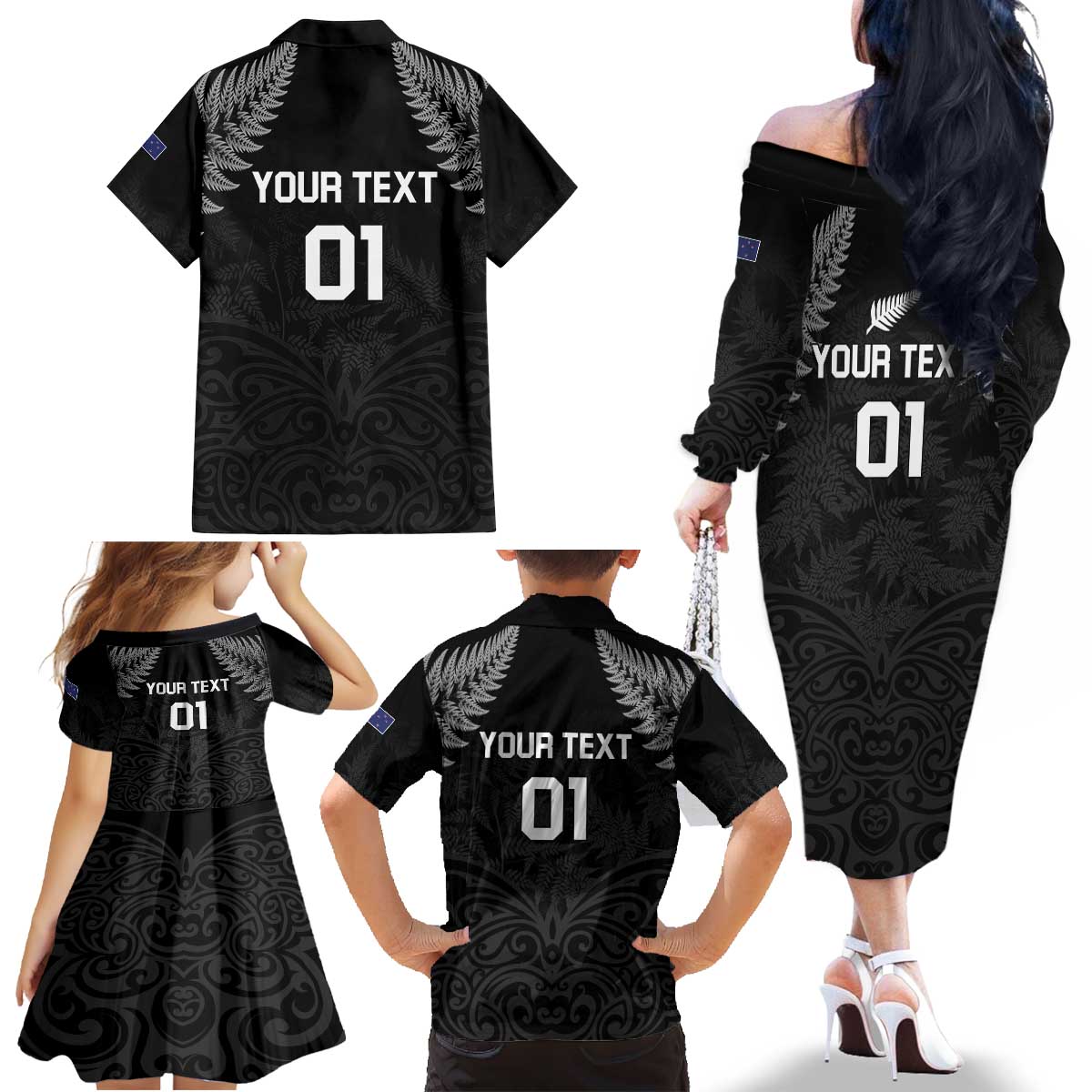 Custom New Zealand 2024 Rugby Family Matching Off The Shoulder Long Sleeve Dress and Hawaiian Shirt Silver Fern Aotearoa Kiwi LT01 - Polynesian Pride