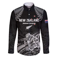 Custom New Zealand 2024 Rugby Family Matching Off The Shoulder Long Sleeve Dress and Hawaiian Shirt Silver Fern Aotearoa Kiwi LT01 Dad's Shirt - Long Sleeve Black - Polynesian Pride