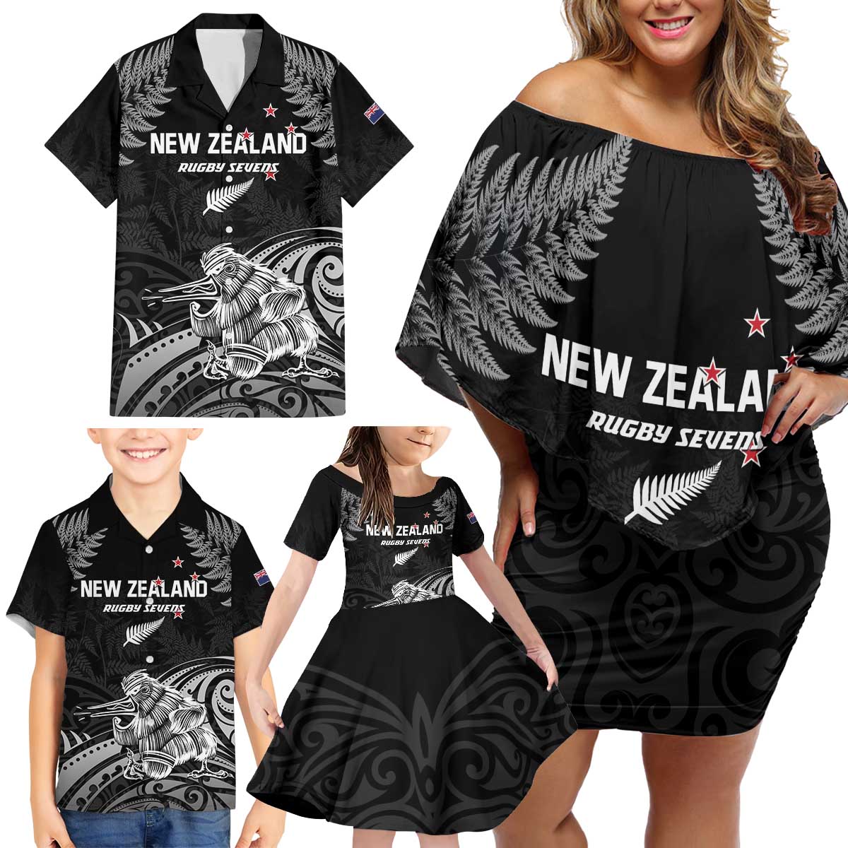 Custom New Zealand 2024 Rugby Family Matching Off Shoulder Short Dress and Hawaiian Shirt Silver Fern Aotearoa Kiwi LT01 - Polynesian Pride