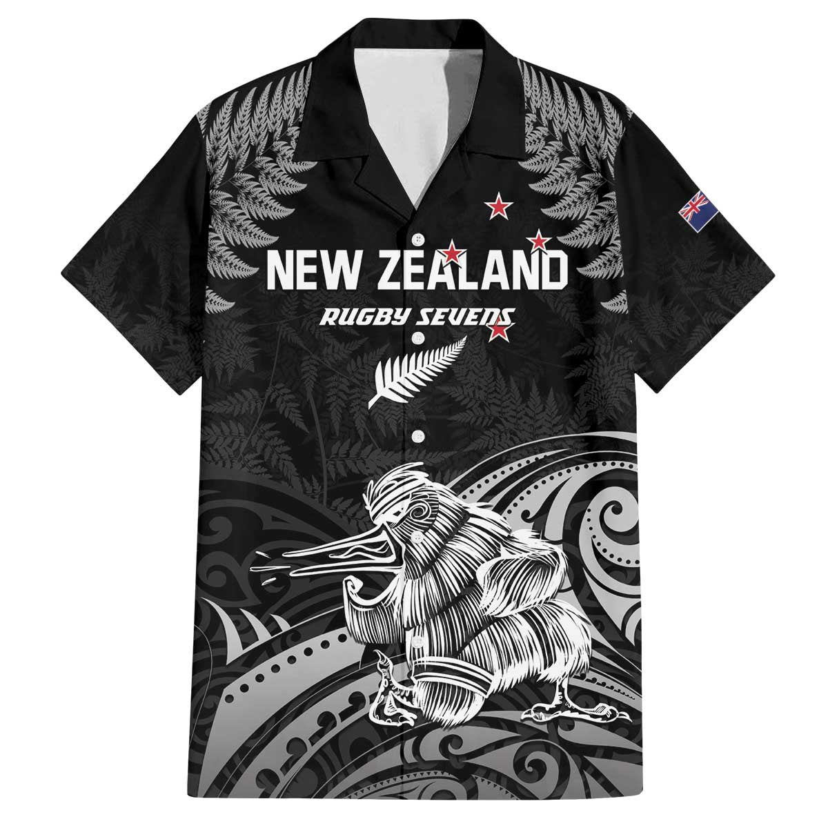 Custom New Zealand 2024 Rugby Family Matching Off Shoulder Short Dress and Hawaiian Shirt Silver Fern Aotearoa Kiwi LT01 Dad's Shirt - Short Sleeve Black - Polynesian Pride