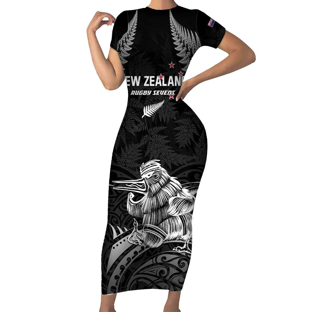 Custom New Zealand 2024 Rugby Family Matching Short Sleeve Bodycon Dress and Hawaiian Shirt Silver Fern Aotearoa Kiwi LT01 Mom's Dress Black - Polynesian Pride