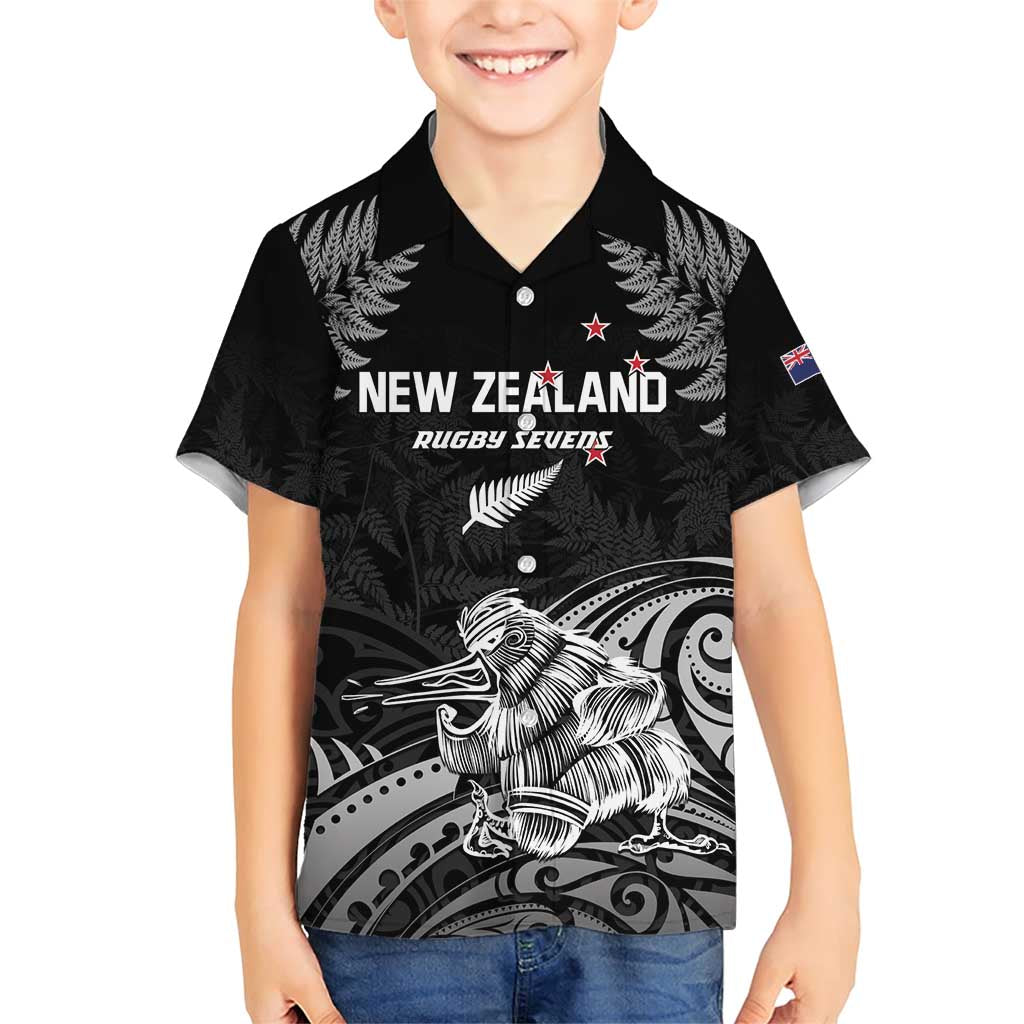 Custom New Zealand 2024 Rugby Family Matching Short Sleeve Bodycon Dress and Hawaiian Shirt Silver Fern Aotearoa Kiwi LT01 Son's Shirt Black - Polynesian Pride