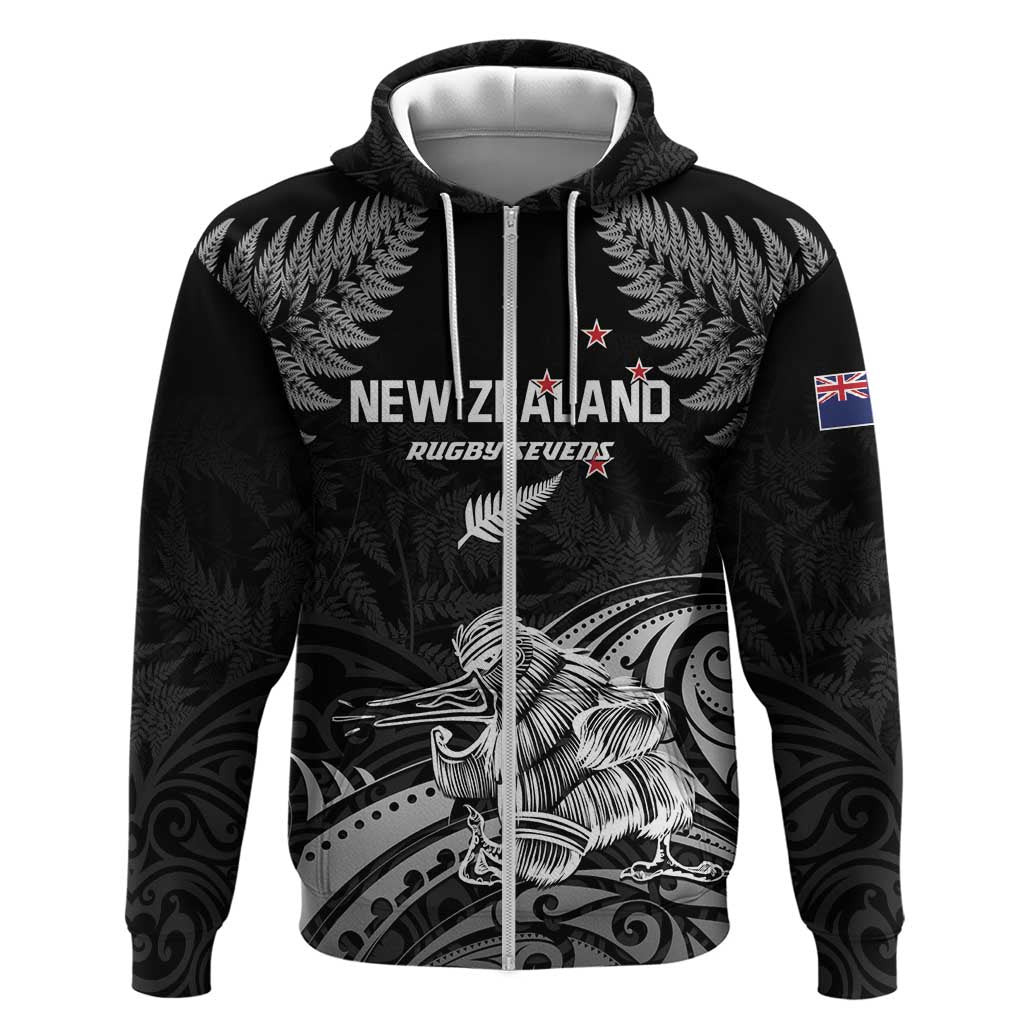 Custom New Zealand 2024 Rugby Hoodie Silver Fern Aotearoa Kiwi LT01 Zip Hoodie Black - Polynesian Pride