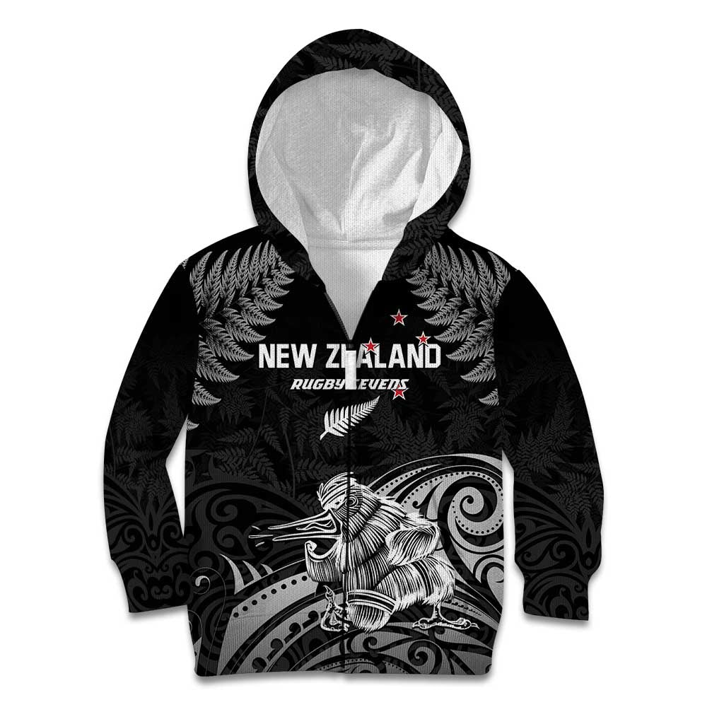 Custom New Zealand 2024 Rugby Kid Hoodie Silver Fern Aotearoa Kiwi LT01 Zip Hoodie Black - Polynesian Pride