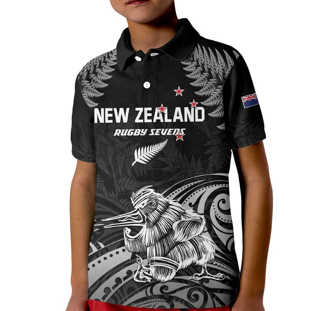 Custom New Zealand 2024 Rugby Kid Polo Shirt Silver Fern Aotearoa Kiwi LT01 Kid Black - Polynesian Pride