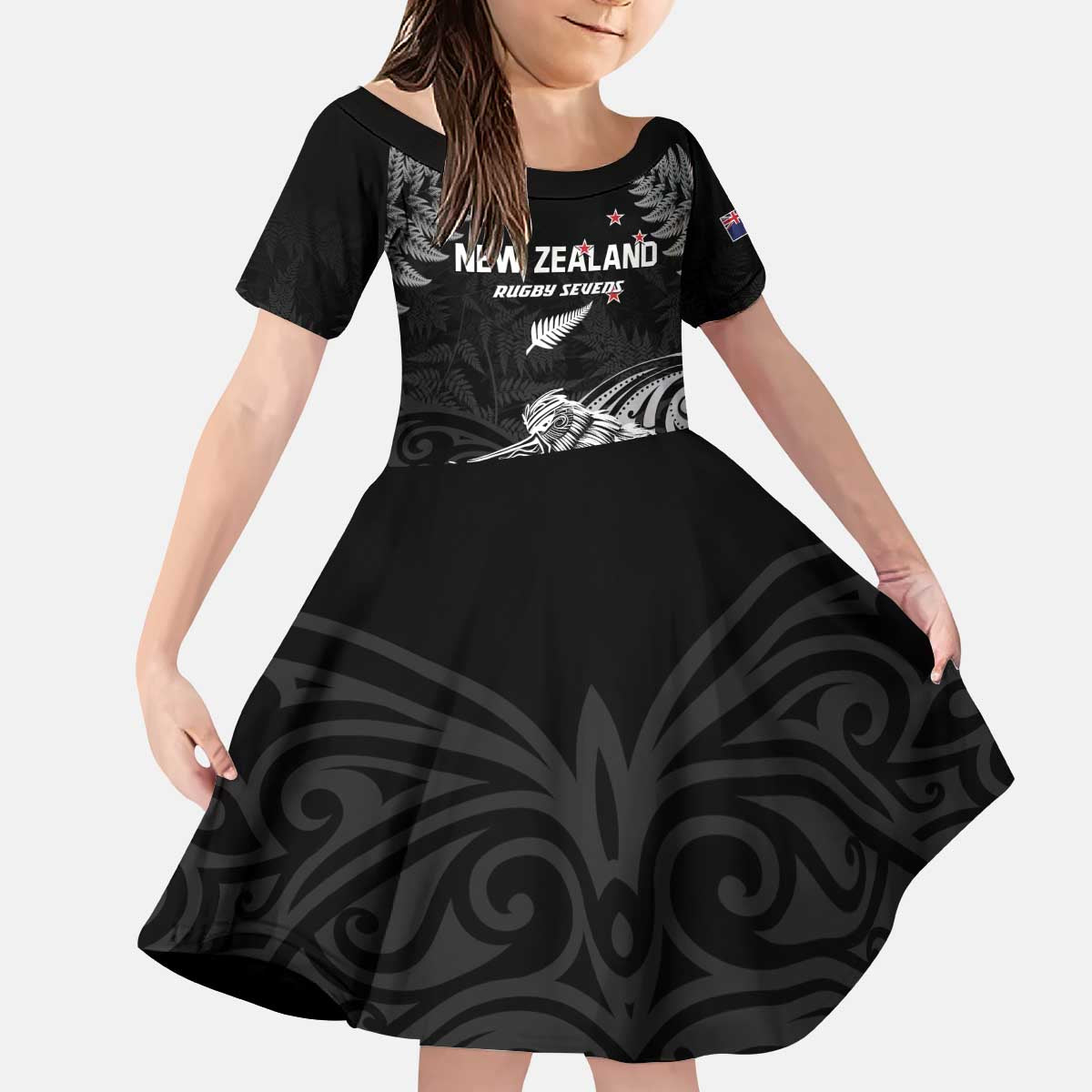Custom New Zealand 2024 Rugby Kid Short Sleeve Dress Silver Fern Aotearoa Kiwi LT01 KID Black - Polynesian Pride