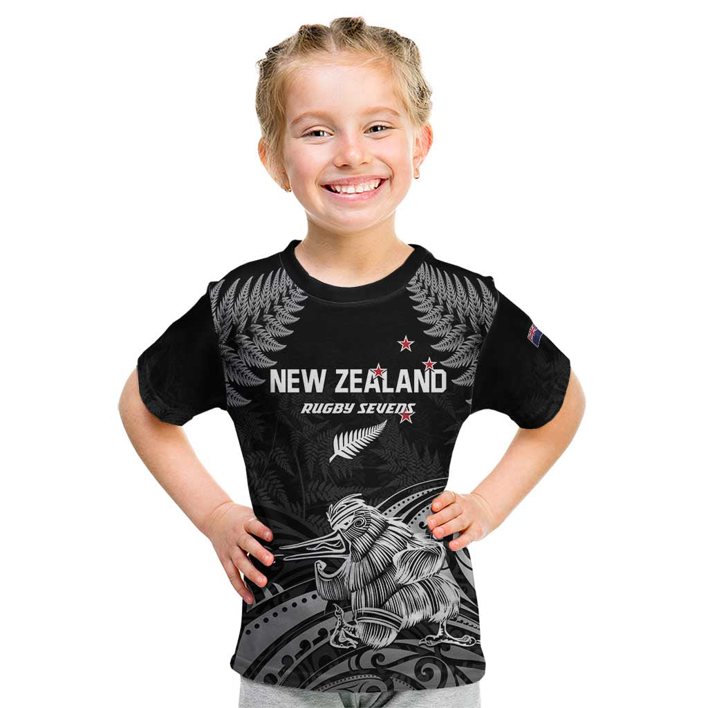Custom New Zealand 2024 Rugby Kid T Shirt Silver Fern Aotearoa Kiwi LT01 Black - Polynesian Pride