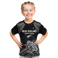 Custom New Zealand 2024 Rugby Kid T Shirt Silver Fern Aotearoa Kiwi LT01 Black - Polynesian Pride